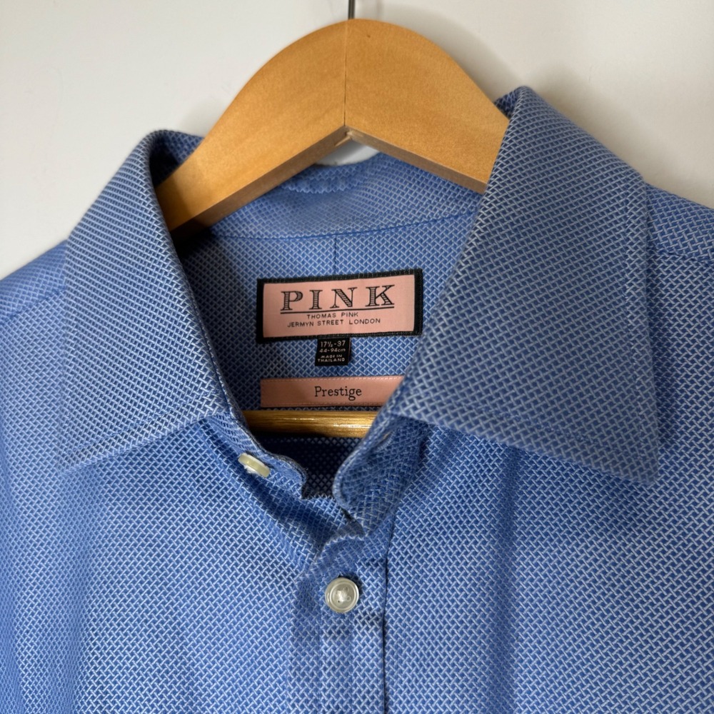 Thomas Pink Prestige Blue Micro Geometric Cotton French Cuff Dress Shirt 17.5 37